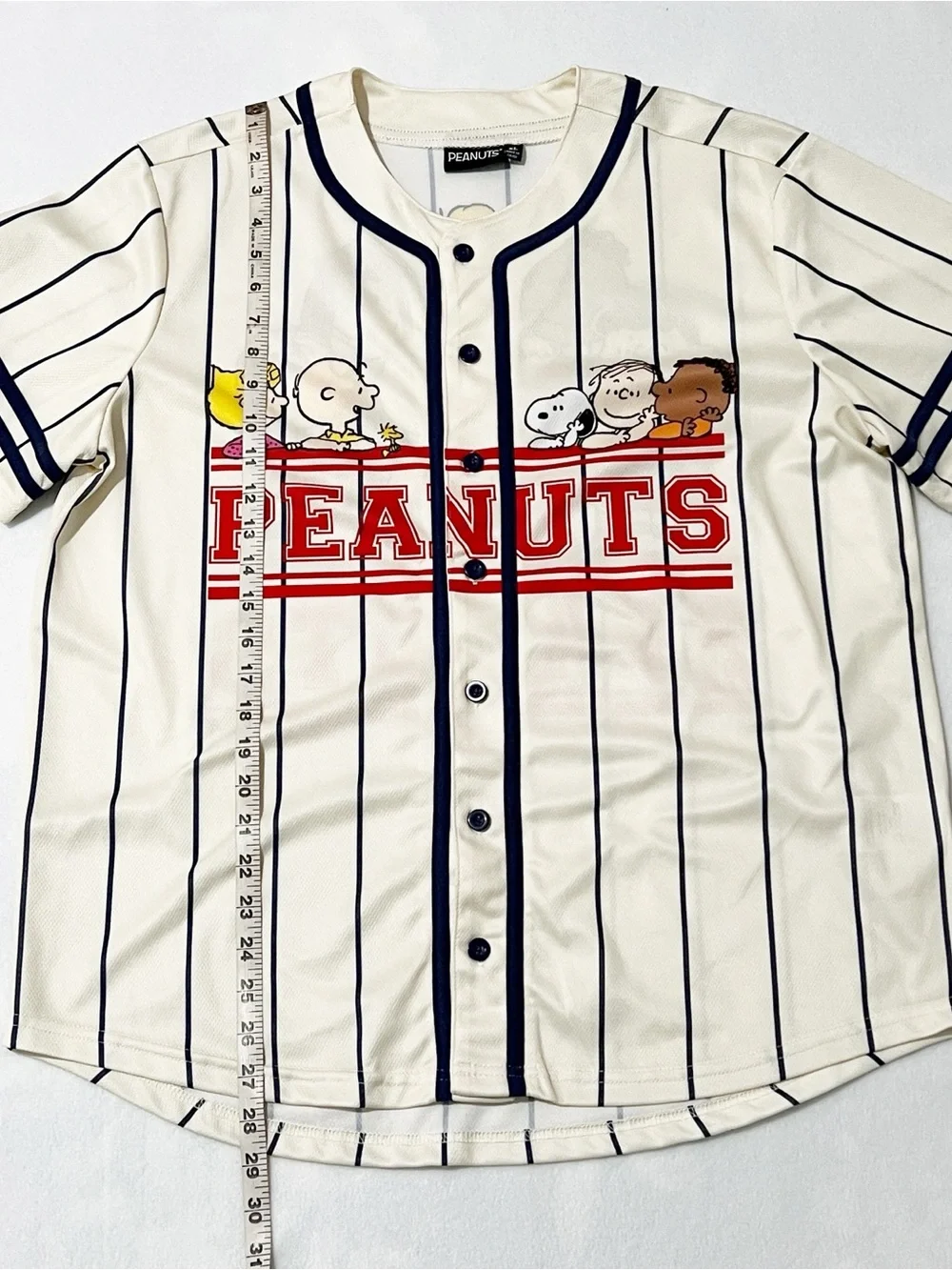 Peanuts Cream Stripes Graphic Jersey Button Down Sporty Athletic XL
